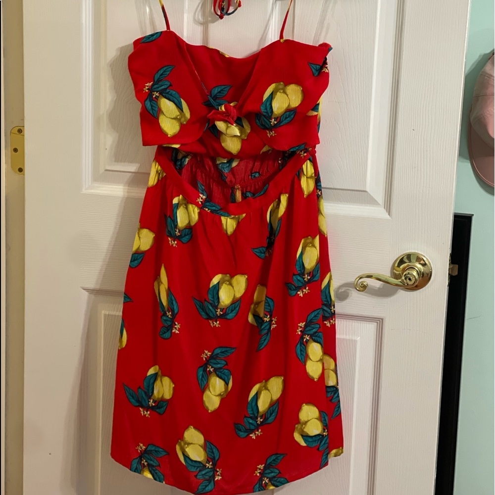Charlotte Russe mini red dress with lemon and leaf designs, size M $15
